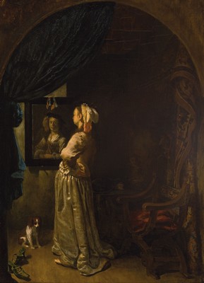 Unbekannter Kopist nach Frans van Mieris (1635-1681): Dame vor dem Spiegel, 19.Jh., Öl/Holz, nach dem Original von 1670 (Alte Pinakothek München), ...