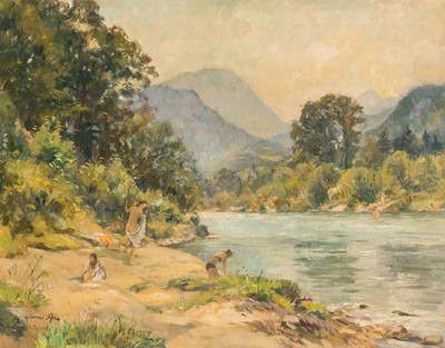 Conrad Pfau, 1885 Wimpfen/Neckar - 1954 München, Badende am Flu? in Vorgebirgslandschaft, Öl/Masonit, links unten signiert, 48x59 cm, Rahmen 63x74 ...