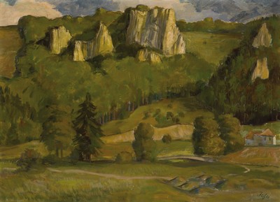 Friedrich Josse, 1897 Wolfstein-1994 Speyer,Pfälzer Tal, vor 1938, ÖL/Lwd, rechts unten signiert, 61x83 cm, l. Druckstelle, Rahmen 70x93 cm, auf ...