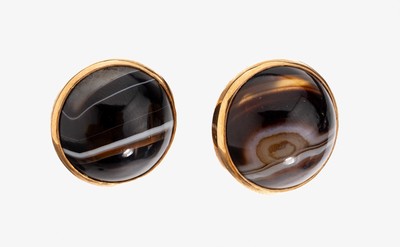 Paar 14 kt Gold Achat-Ohrclips, GG 585/000,jeweils mit einem runden Streifenachat- Cabochon, D. ca. 2 cm, ca. 21.7 g