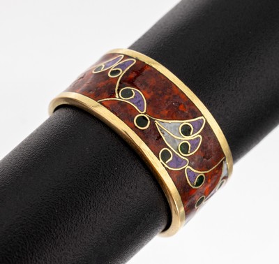 18 kt Gold Email-Ring, GG 750/000, orange marmorierter Grund, Blüten weiss lila grün emaill., RW 52, ca. 4.9 g, Email l. besch.