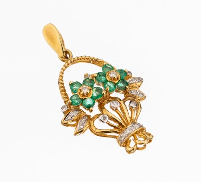 18 kt Gold Smaragd-Brillant-Anhänger, GG 750/000, Darstellung eines Blumenkorbs, Blütenblätter durch 10 rundfacett. Smaragde zus. ca. 0.25 ct, 20 ...