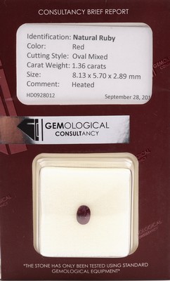 Loser facett. Rubin, 1.36 ct , oval, rot, 8.13 x 5.70 x 2.89 mm, (beh.), mit GEM Report