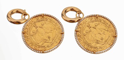 Paar 18 kt Gold Brillant Ohrcreolen, GG 750/000, 2 Einhänger in 18 kt Gold in Form antiker Münzen jeweils mit Brillantkranz ca. 0.65 ct feines ...