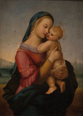 Nanette Fuchs, um 1810/15 Schwäbisch-Gmünd-? , Muttergottes im Stil der Nazarener, rechtsunten signiert und datiert 1837, Öl/Holz, 20x14 cm, ...