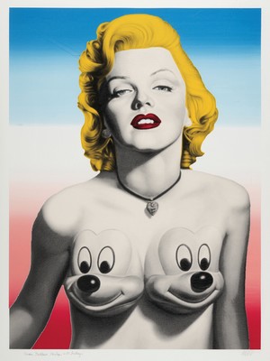 Ron English, geb. 1959, "Goddess Marilyn mit Mickys, Unikatcharakter da Details mit Bleistift und Farbe betont, Siebdruck auf Papier, signiert ...