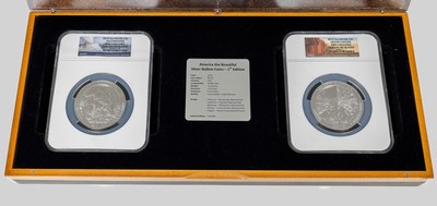 America the Beautiful, Silver Bullion Coins, 1st Edition, 5 Medaillen USA 2010 mit Darstellung von Amerikas National-Schätze, Face Value $ 0.25, ...
