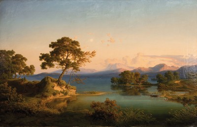 Friedrich Metz, 1820-1901 Frankfurt a.M., italienische Seenlandschaft mit Fischer und Fischerhütte, feine lasierende Malerei, restauriert, re. unten ...