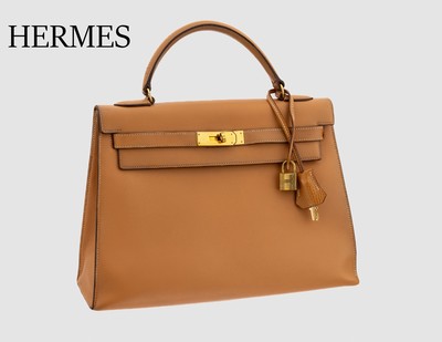 HERMES Vintage Handtasche KELLY BAG 32, Togo Sellier in kamel/camel (gold), von 1990, goldfarbene Hardware, orig. Clochette, Schlüssel, altersbed. ...