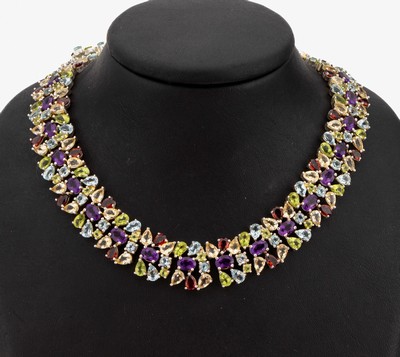 Prunkvolles Farbstein-Collier, 925er Silber, ca. 300 facett. Amethyste, Peridots, Topase (beh.), Citrine und Granate in versch. Schliffformen und ...