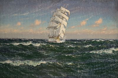Patrick von Kalckreuth, 1892 Kiel-1970 Starnberg, maritime Szene mit Dreimaster mit aufgeblähten Segeln, rechts unten signiert und datiert 1949, ...