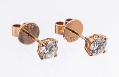 Paar 14 kt Gold Brillant-Ohrstecker, RG 585/000, 2 Brillanten zus. ca. 1.0 ct Weiß/vs-si