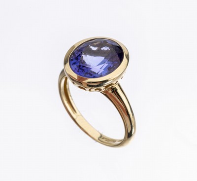 14 kt Gold Tansanit-Ring, GG 585/000, ovalfacett. Tansanit ca. 7.60 ct, Unterkaderung gesägt, RW 57, ca. 5.4 g