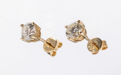 Paar 14 kt Gold Brillant-Ohrstecker, GG 585/000, 2 Brillanten zus. ca. 0.73 ct Weiss-l.get.Weiss/vs-si