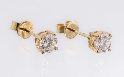 Paar 14 kt Gold Brillant-Ohrstecker, GG 585/000, 2 Brillanten zus. ca. 1.08 ct Weiß/vvs-si
