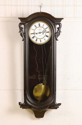 Wanduhr mit Gewichtsantrieb, Lenzkirch um 1876, Holzgehäuse, z.T. sek. schwarz gefasst, aufgesetztes Oberteil und Verzierungen an Türe unten ...