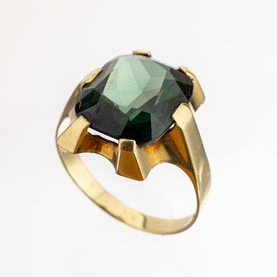 14 kt Gold Farbstein-Ring, GG 585/000, schlicht, facett. grüner synth. Spinell, RW 60, ca. 4.7 g
