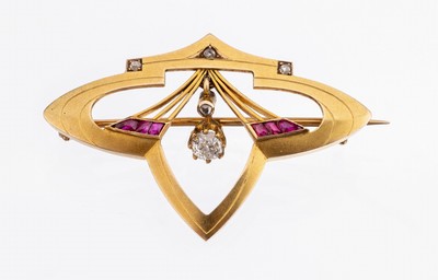 14 kt Gold Jugendstil Diamant-Rubin-Brosche, um 1905, GG 585/000, streng geometrischer Jugendstil, mittig bewegl. gefasster Altschliffdiamant ca. ...