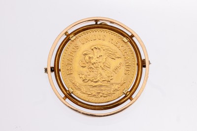 14 kt Gold Münz-Anhänger, GG 585/000, lose gefasste Goldmünze, 20 Pesos, Mexiko, 1959, schlichte Rahmung, D. ca. 3.8 cm, ca. 24.2 g, auch als ...