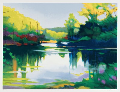 Tadashi Asoma, 1923-2017 japanisch Künstler , Farbsiebdruck, "Tranquil Moment", handsigniert, Ed. 21/175, Blatt 60x80 cm, unter Glas ...