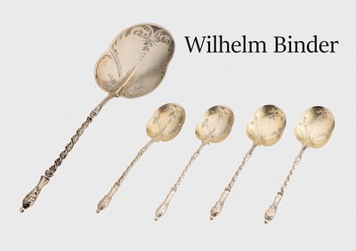 Eisbesteck, 800er Silber, deutsch, 12 x Löffel, 1 x Vorlegelöffel, Laffen verg., floral grav., Stiele gedreht, Hersteller Wilhelm ...
