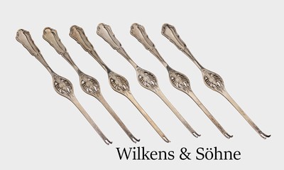 Set 12 Hummergabeln, 800er Silber, deutsch,mittig plastischer Hummer, L. ca. 18 cm, Dresdener Barock, Hersteller Wilkens & Söhne/Bremen, ca. 392 g