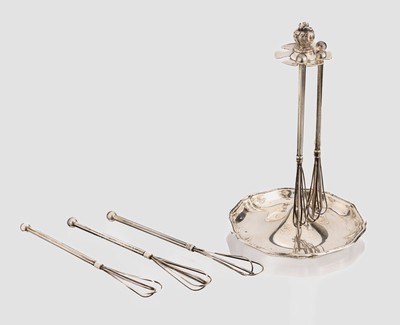 Set 6 Sektquirls mit Ständer, 800er Silber,deutsch, L. ca. 7.5 cm, Ständer mit geschwungenem Fuss, ca. 86.4 g