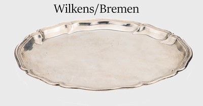 Tablett, 830er Silber, deutsch, 1930er Jahre, oval, Fahne geschwungen, ca. 27.5 x 21.5 cm, ca. 234 g, Hersteller Wilkens/Bremen