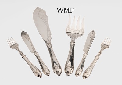 Fischbesteck für8 Personen, WMF, um 1902 -10, Atelierentwurf aus dem Jahre 1902, Efeu mit geschwungenen Bändern, Gebrauchsteile Stahl mit ...