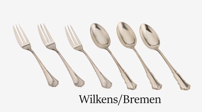 Set Kaffeelöffel und Kuchengabeln, 800er Silber, deutsch, Dresdener Barock, Hersteller Wilkens/Bremen, ca. 335 g, bestehend aus 7 Löffeln und 7 ...