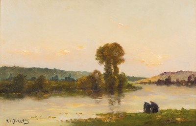 Jacques Henri Delpy, 1877-1957, Landschaft mit zwei waschenden Frauen am Flussufer, Öl/Holz, links unten signiert, ca. 22x33cm, R. ca. 32x42cm