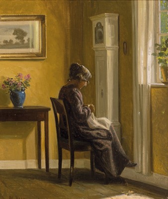 Alfred Broge, 1870-1955 Kopenhagen, Interieur mit stickender jungen Frau vor dem Fenster, Öl/Lwd, links unten sign., ca. 40x34 cm, R. ca. 56x50cm