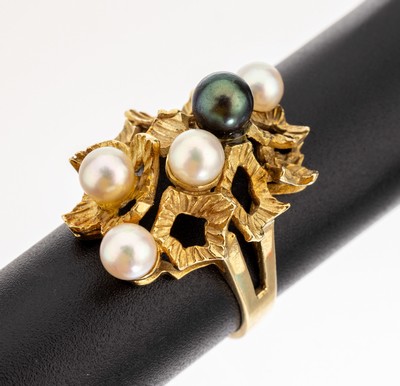 14 kt Gold Perl-Ring, GG 585/000, aussergewöhnliche Gestaltung, 5 Zuchtperlen, D.ca. 4.6-5.3 mm, RW 56, ca. 7.4 g