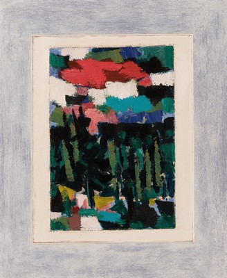 Walter Klose, 1921 Jägerndorf-2003 München, Blick über eine Waldstück auf eine Stadtlandschaft, in Farbflecken aufgelöst, Öl/Lwd/Karton, verso ...