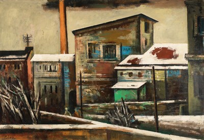 Walter Klose, 1921 Jägerndorf-2003 München, grosse Industrielandschaft, mit Figurenstaffage, links unten signiert, Öl/Platte, schmaler Rahmen, ...
