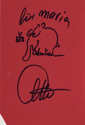 Otto Waalkes, geb. 1948, kleine Zeichnung in Filzstift auf rotem Papier, Ottifant, bez.: für Maris, signiert, links untere Ecke abgeschrägt, ca. ...