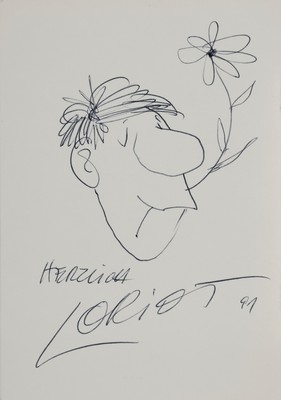 Loriot (Vicco von Bülow), 1923-2011, kleine Zeichnung in Kugelschreiber auf festem Papier, Knollennasenmännchen mit Blume im Mund, sign.: Herzlich ...