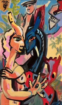 Ungedeuteter Künstler der Nachkriegszeit, deutsch, "Das Pärchen im Garten Eden" so betitelt, 1982, Öl/Holz 90x58 cm; weiblicher Akt, ...