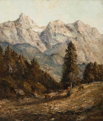 Otto Pippel, 1878 Lodz-1960 Planegg, Landschaft im Hochgebirge, Hirtenmädchen mit zwei Ziegen, Öl/Hartfaser, rechts unten signiert, ca. 70x60cm, R. ...