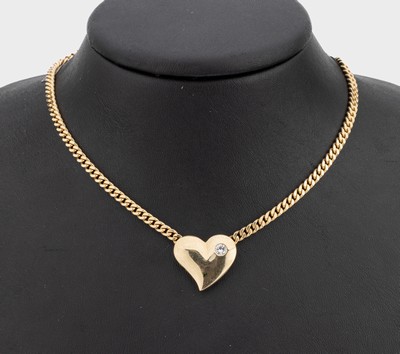 14 kt Gold Brillant Collier, "Herz", GG 585/000, Flachpanzer, Herz besetzt mit einem Brillant ca. 0.20 ct Weiss/si, L. ca. 42.5 cm, ...