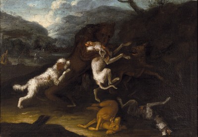 Unbekannter Künstler des 18. Jh., 2 Pendants, Jagdhunde reissen einen Bären, Öl/Lwd, rest., doubl., unsign., je ca. 55x80 cm, R. ca. 67x92cm
