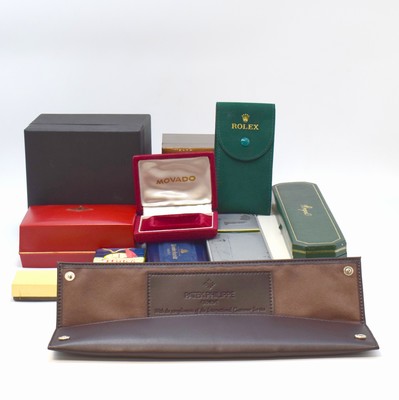 MOVADO ERMETO original Box sowie 10 weitere Uhren-Boxen/Etuis, im Einzelnen: Rolex Service Etui, Patek Philippe Service-Etui, Gucci, Kienzle, Maurice ...