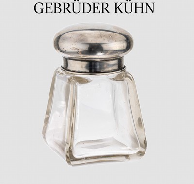 Glasgefäß mit Silbermontur, 800er Silber, deutsch, Glaskorpus konisch, gerundete Ecken, Schlichte Montur, Deckel innen verg., Stöpsel mit ...