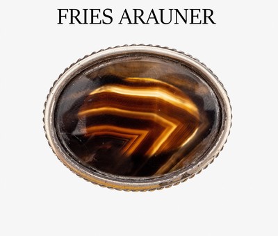 FRIES ARAUNER Achat-Brosche, 800er Silber, 1950er-60er Jahre, schlicht oval, mittig Achatin versch. Brauntönen, Kordelverzierung, ca. 4 x 3 cm