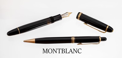 MONTBLANC Set, best. aus: 1 Füller und 1 Druckbleistift, Korpus schwarzer Edelharz, Monturen Metall verg., Feder GG/WG 585/000, 1 Zierring fehlend, ...