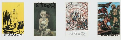 Georg Baselitz, geb. 1938, vier Multiples, Kunstpostkarten, handsigniert, je ca. 10x15cm, PP, u.Gl., in einem Rahmen ca. 25x63cm