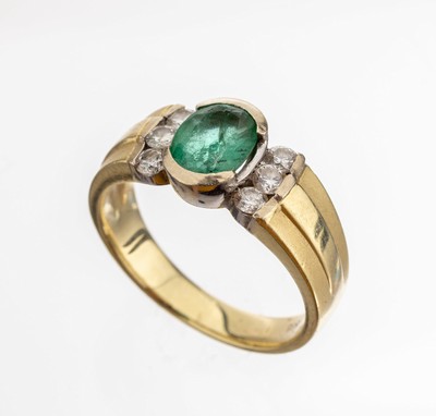 14 kt Gold Smaragd-Brillant-Ring, GG/WG 585/000, ovalfacett. Smaragd ca. 1.10 ct, Stein mit Riss, 6 Brillanten zus. ca. 0.30 ct Weiss/si, RW 60, ca. ...