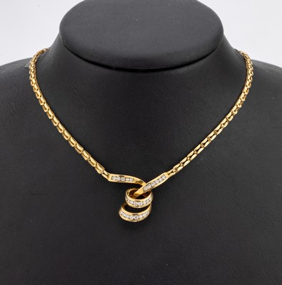 18 kt Gold Brillant-Collier, GG 750/000, Mittelteil geschwungen, 27 Brillanten zus. ca.0.24 ct Weiss/si, L. ca. 43 cm, Kastenschloss mit ...