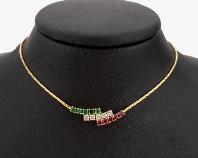 14 kt Gold Brillant-Smaragd-Rubin-Collier, GG 585/000, 5 Brillanten zus. ca. 0.50 ct Weiss/si, 5 rundfacett. Smaragde zus. ca. 0.50 ct, 5 ...