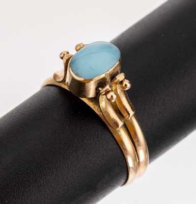 14 kt Gold Farbstein-Wechselring, GG 585/000 gepr., doppelte Ringschiene umklappbar, Ringkopf 1 Seite mit Türkis- Cabochon, 1 Seite mit saphirfarb. ...